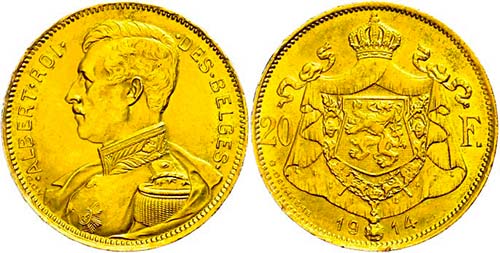 Belgium 20 Franc, Gold, 1914, ... 