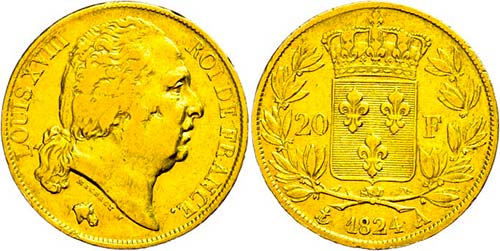 France 20 Franc, Gold, 1824, A, ... 