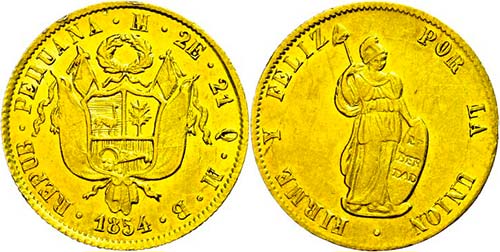 Peru 2 Escudos, Gold, 1854, Lima, ... 