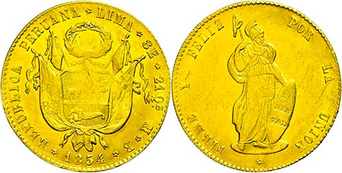 Peru 8 Escudos, Gold, 1854, MB ... 
