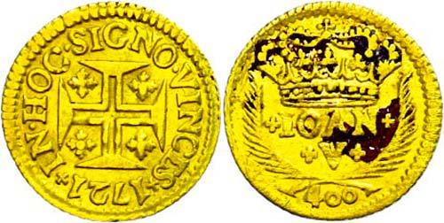 Portugal 400 rice, Gold, 1721, ... 