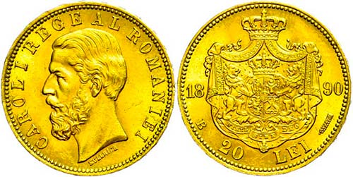 Romania 20 Lei, Gold, 1890, Karl ... 