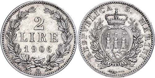 San Marino 2 liras, 1906, KM 5, ... 