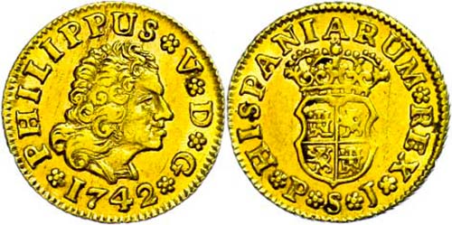 Spain 1 / 2 Escudos, Gold, 1742, ... 