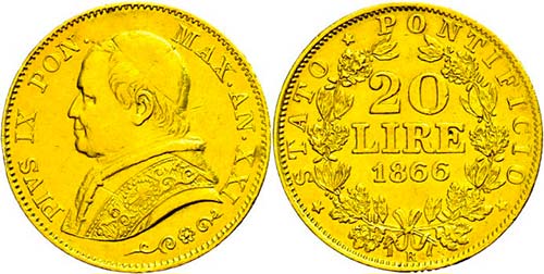  20 liras, Gold, 1866, Pius IX, ... 