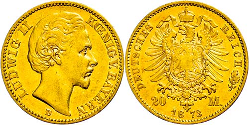 Bavaria 20 Mark, 1872, Ludwig II., ... 
