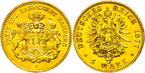 Hamburg 5 Mark, 1877, scratch on ... 