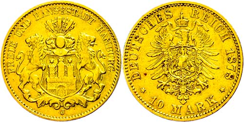 Hamburg 10 Mark, 1878, small edge ... 