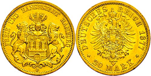 Hamburg 20 Mark, 1877, kl. Rf., ... 