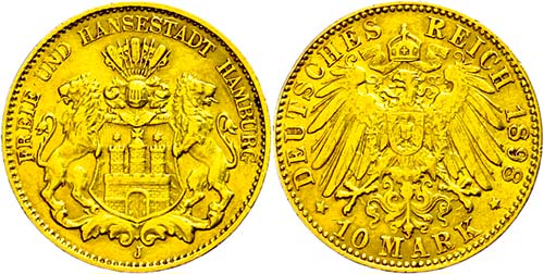 Hamburg 10 Mark, 1898, kl. Rf., ... 