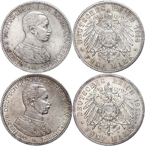 Prussia 2 x 5 Mark, 1913 and 1914, ... 