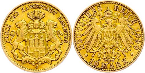 Hamburg 10 Mark, 1890, municipal ... 