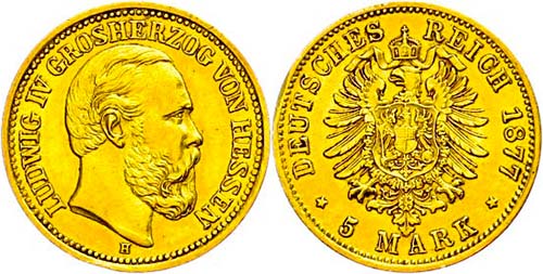 Hessen 5 Mark, 1877, Ludwig IV., ... 