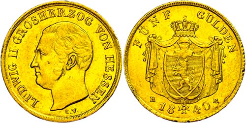 Hessen-Darmstadt 5 Gulden, Gold, ... 