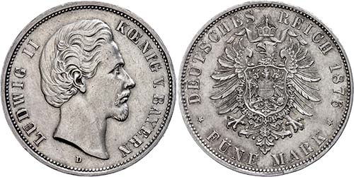 Bavaria 5 Mark, 1876, Ludwig II., ... 