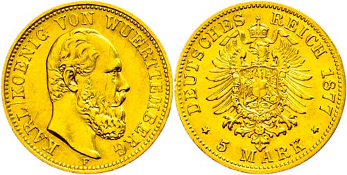 Württemberg 10 Mark, 1877, Karl, ... 