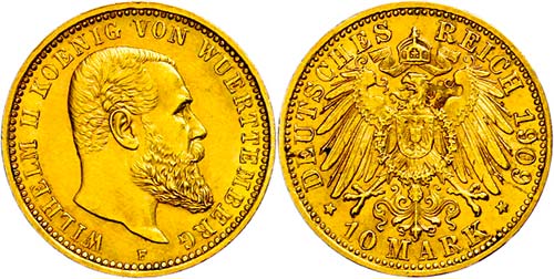 Württemberg 10 Mark, 1909, ... 