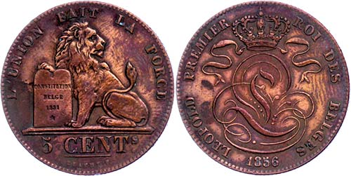 Belgien 5 Centimes, 1856, Leopold ... 