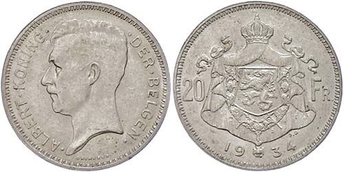 Belgien 20 Francs, 1934, Albert ... 