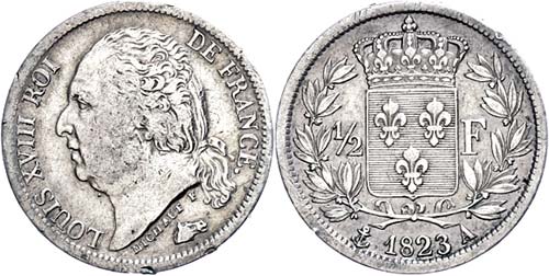 France 1 / 2 franc, 1823, silver, ... 