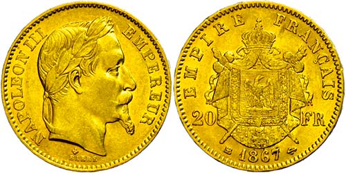 France 20 Franc, 1867, Gold, ... 