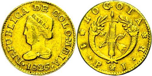 Columbia 1 peso, Gold, 1826, JF, ... 