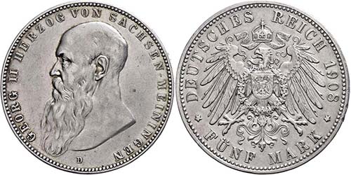 Saxony-Meiningen 5 Mark, 1908, ... 