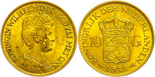 The Netherlands 10 Guilder, Gold, ... 