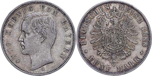 Bavaria 5 Mark, 1888, Otto, edge ... 