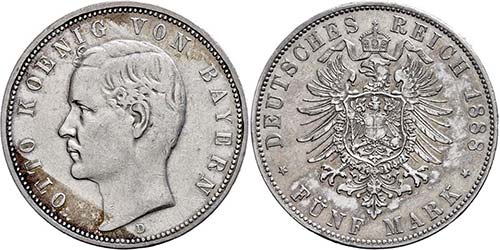 Bavaria 5 Mark, 1888, Otto, small ... 