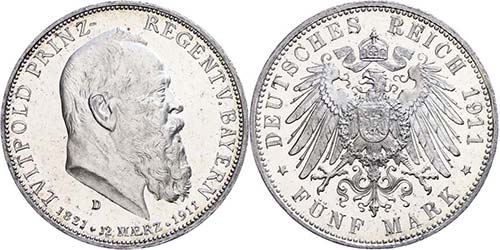 Bavaria 5 Mark 1911, coin sign D, ... 