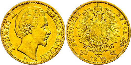 Bavaria 20 Mark, 1873, Ludwig II., ... 