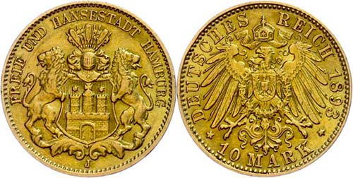 Hamburg 10 Mark, 1893, municipal ... 