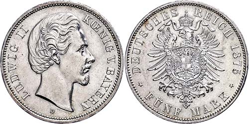 Bavaria 5 Mark, 1875, Ludwig II., ... 