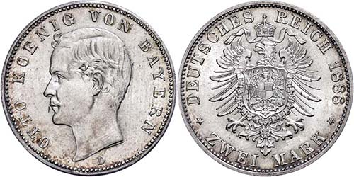 Bavaria 2 Mark, 1888, Otto, small ... 
