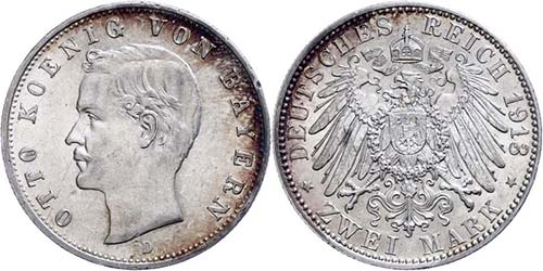 Bavaria 2 Mark, 1913, Otto, edge ... 