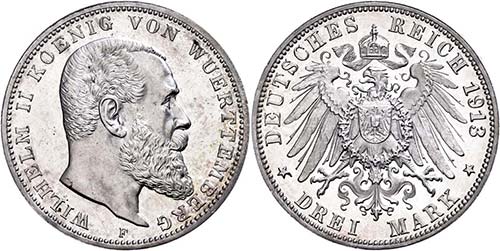 Württemberg 3 Mark, 1913, Wilhelm ... 