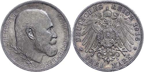 Württemberg 3 Mark, 1916, Wilhelm ... 
