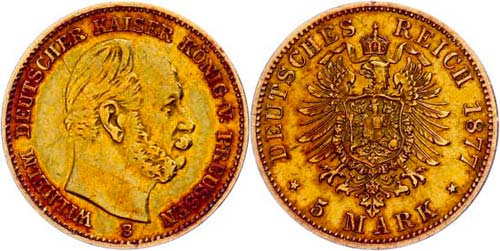 Prussia 5 Mark, 1877, B, Wilhelm ... 