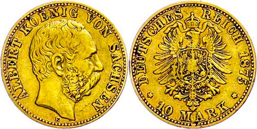 Saxony 10 Mark, 1875, Albert, edge ... 
