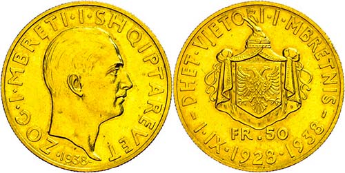 Albania 50 Franc, Gold, 1938, Zogu ... 