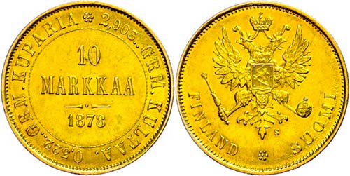 Finland 10 Markkaa, Gold, 1878, ... 