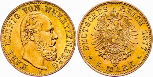 Württemberg 5 Mark, 1877, Karl, ... 