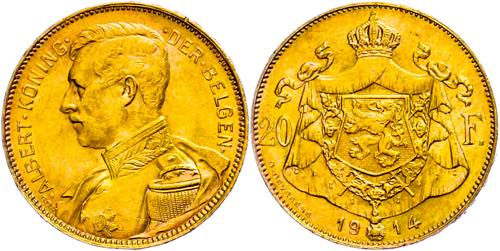 Belgium 20 Franc, Gold, 1914, ... 