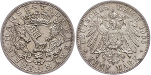Bremen 5 Mark, 1906, kl. Rf., vz., ... 