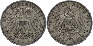 Lübeck 3 Mark, 1909, kl. Rf., ... 