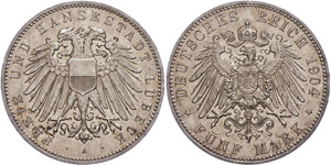 Lübeck 5 Mark, 1904, kl. Rf., f. ... 