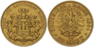 Hamburg 20 Mark, 1884, kl. Rf., ... 