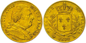 Frankreich 20 Francs, 1814, Louis ... 