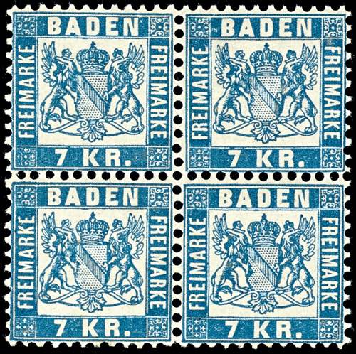 Baden 7 Kreuzer blau, Viererblock, ... 